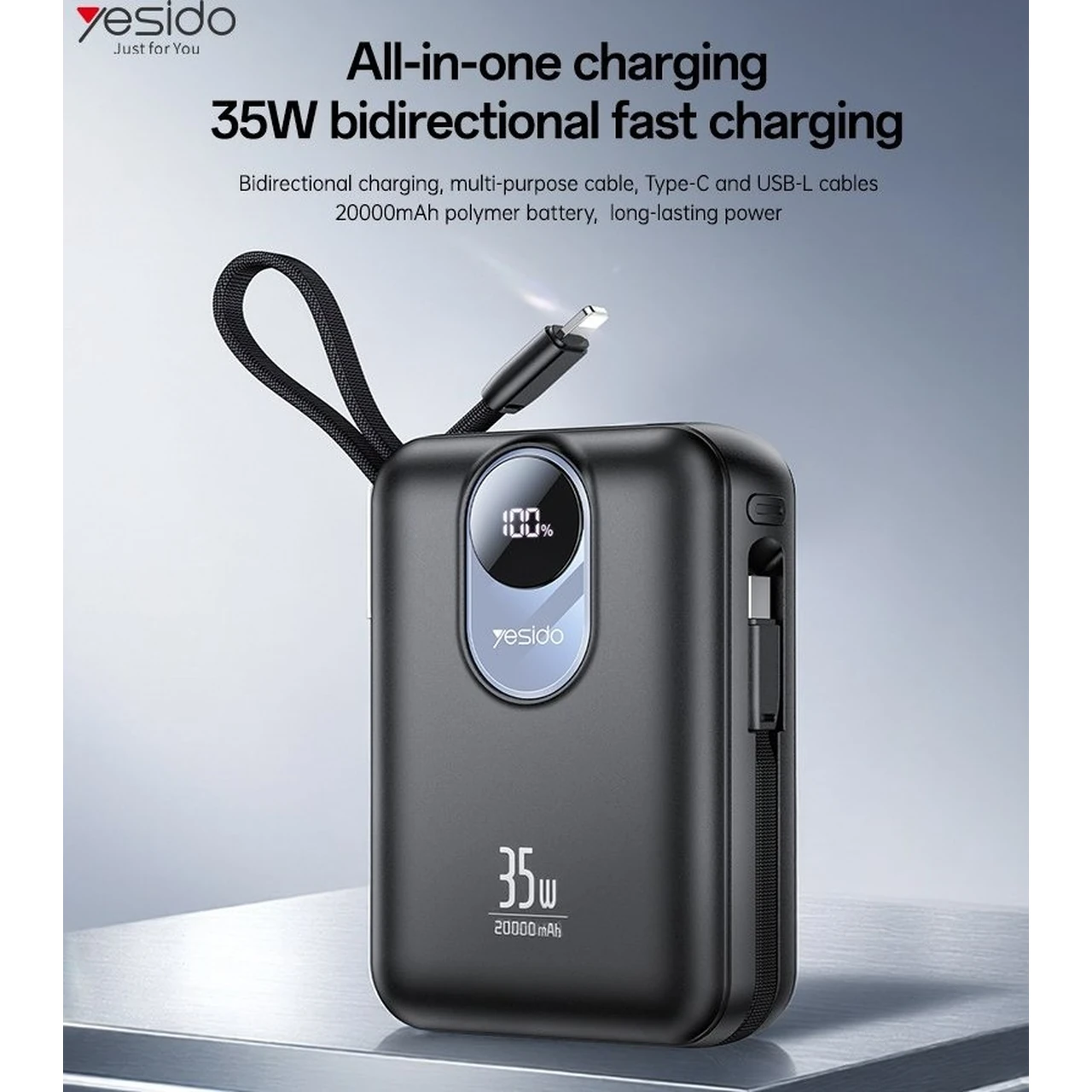 پاوربانک فست شارژ Yesido 20000mAh مدل YP94 35W - مشکی (گارانتی 18 ماه تعویض نیکان همراه)